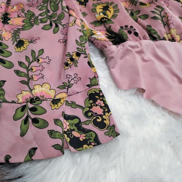 ZARA Pink Floral Print Button Front Satin Bloggers Long Sleeve Bodysuit Medium - Picture 14 of 15